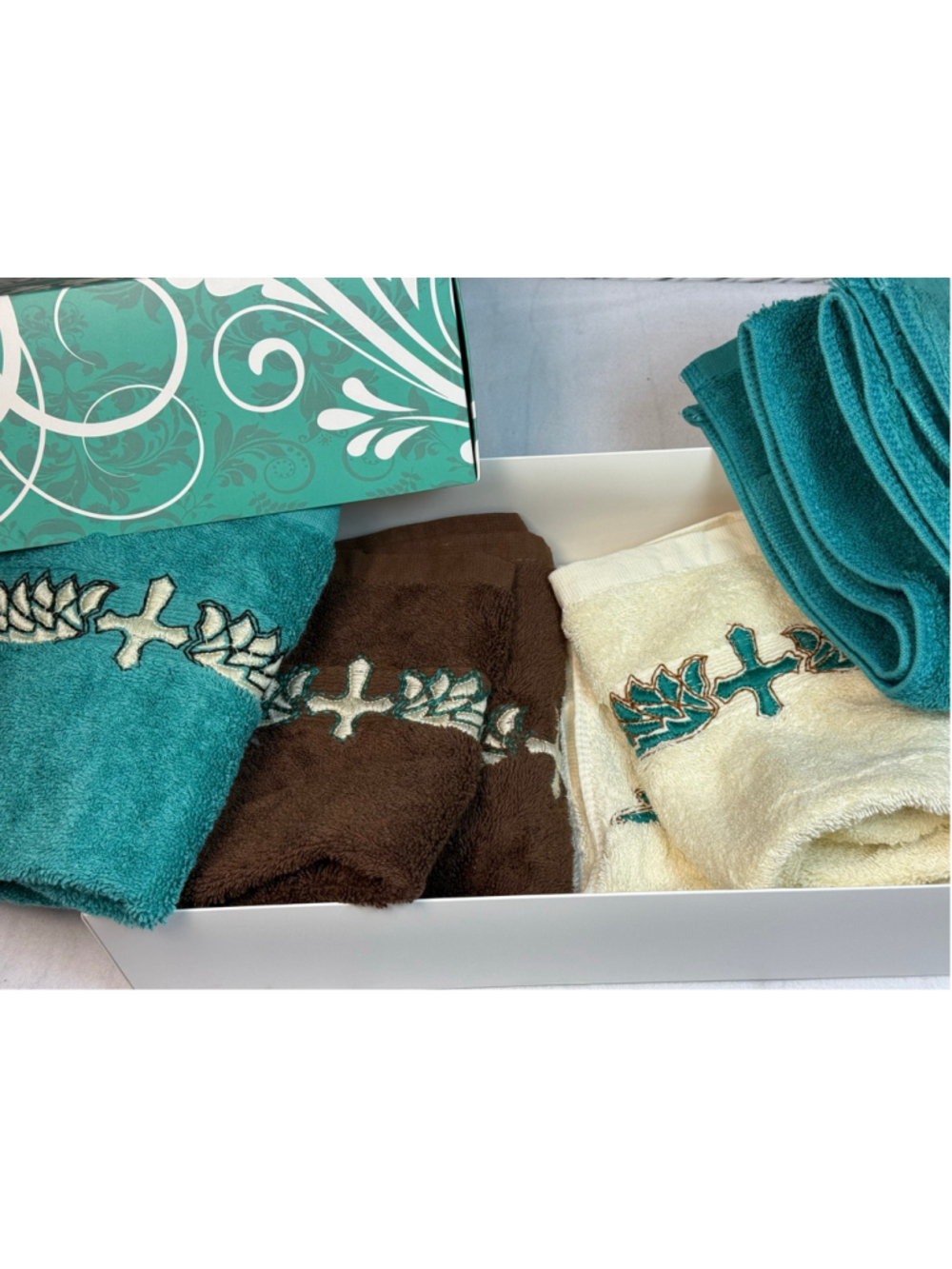 Montana West 6 Pc Embroidered Cross Hand Towel Set Western Turquoise Brown Cream